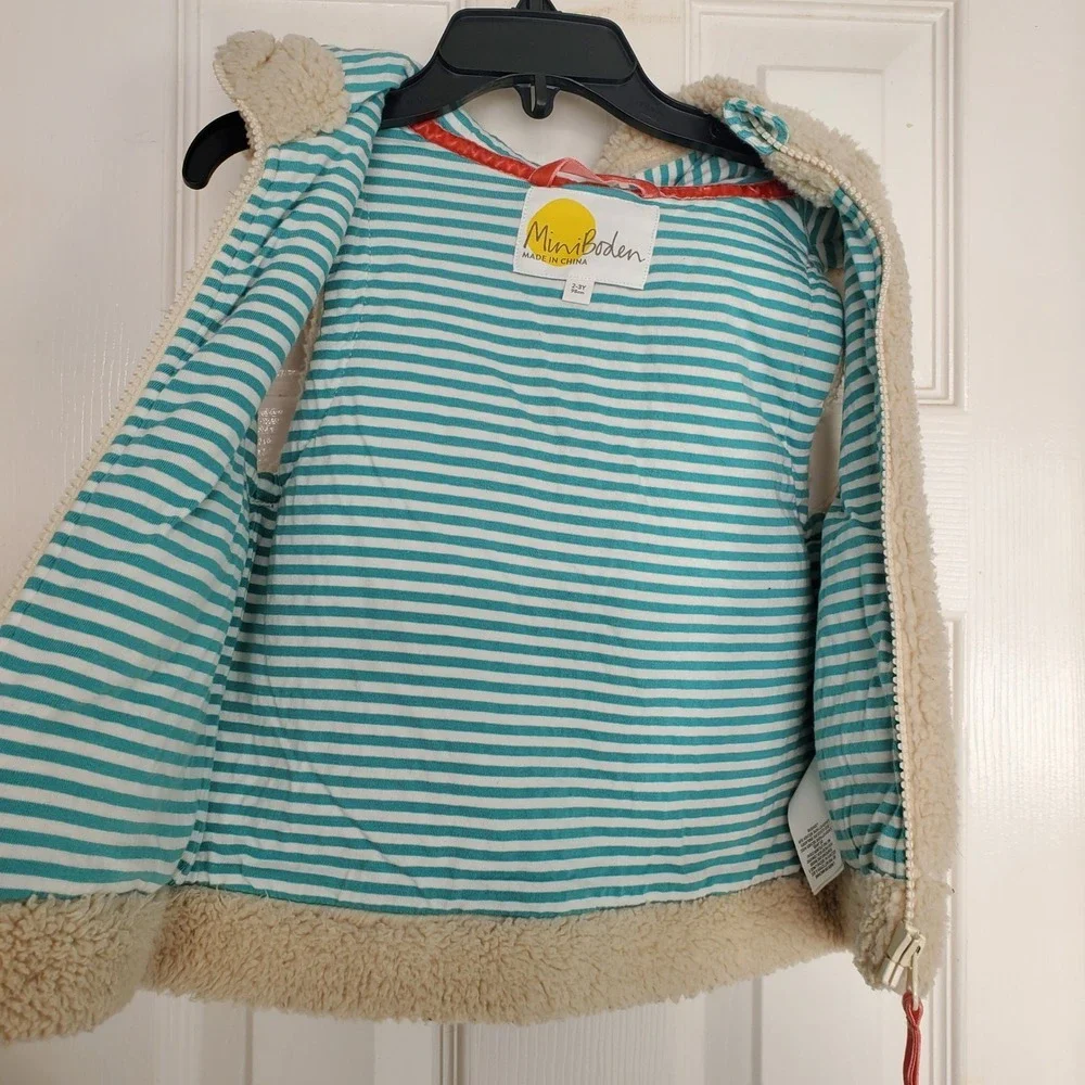 Mini Boden Sherpa Vest Cream‎ Fleece Hooded Striped Lining Cozy Layering 2-3Y
